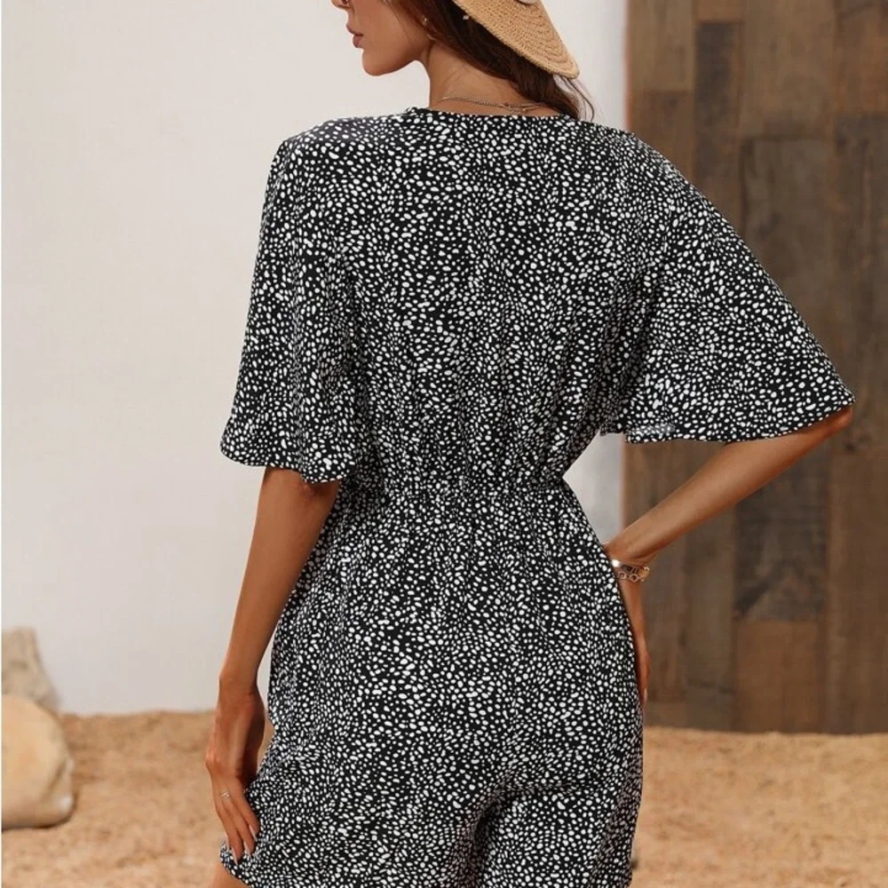 SHEIN Black and White Butterfly Sleeve Polka Dot Romper - Picture 6 of 11